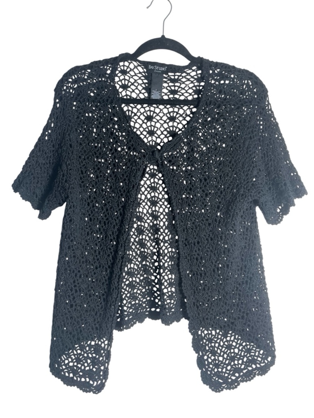 Boho Crochet Cardigan Black Open Knit Festival Beach Cover Up L